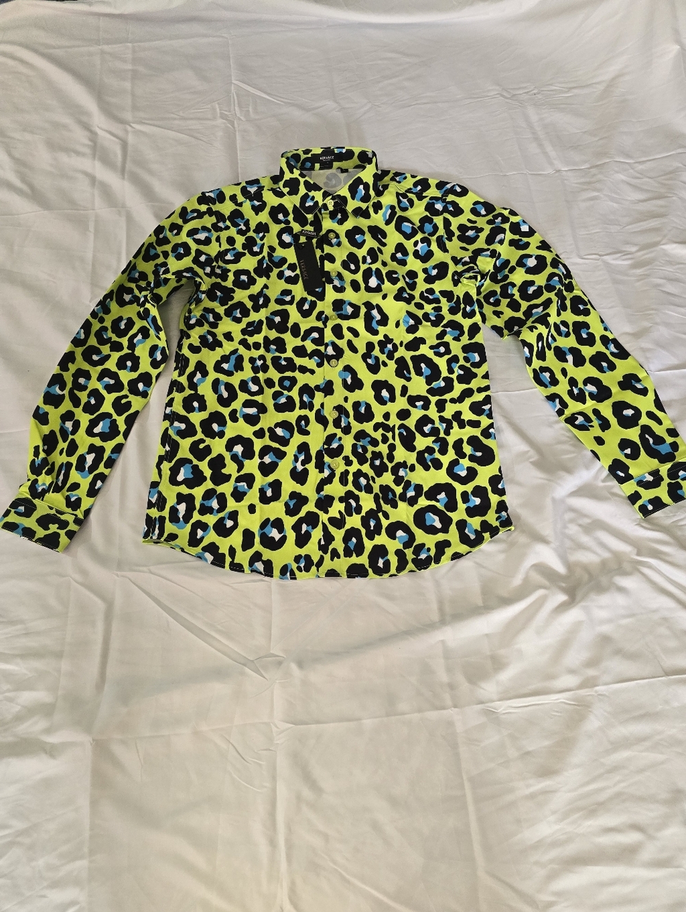 Versace Neon Lime Leopard Print Top with Black & Blue Accents
